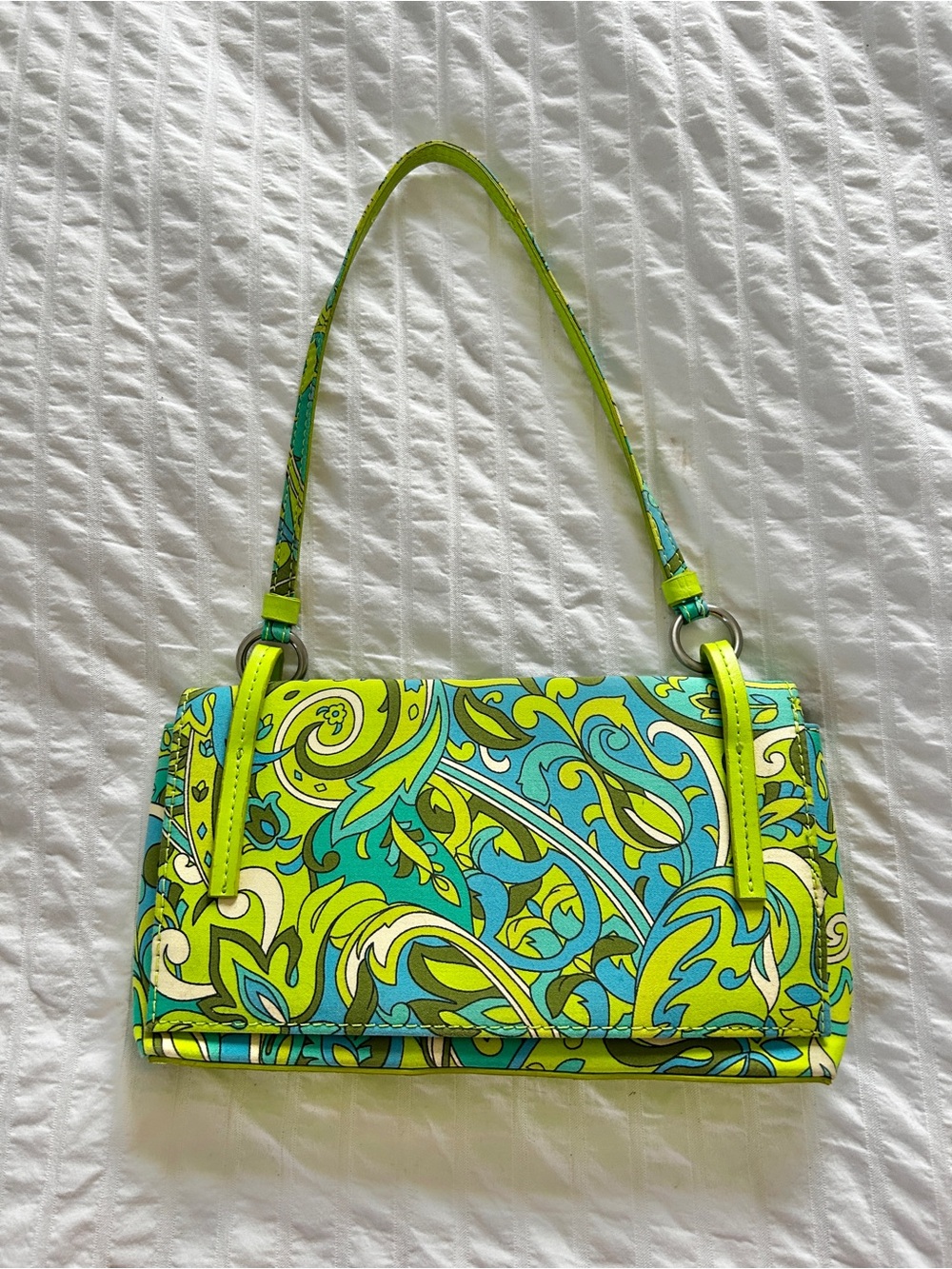Vintage 90s Nine West Retro Psychedelic Lime & Turquoise Paisley Handbag Clutch